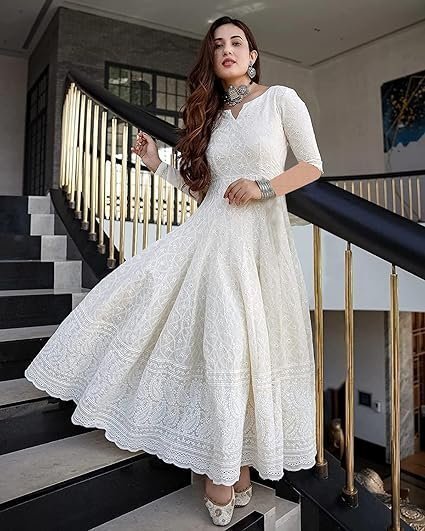 Cotton Straight Fit Straight Chikankari Long Kurti Gown - Image 5