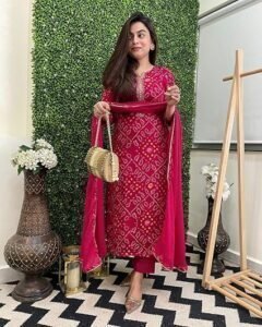 Rayon Viscose Straight Bandhej Printed Kurta with Pant & Dupatta