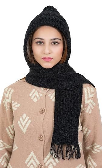 Women Warm And Soft Winter Woolen Muffler Cap, Attached Scarf Cap Combo For Girls and Women (Classic Plain)
