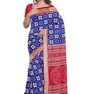 Saree with Blouse Piece, Blue Base with Flower Design, Red Pallu and Border