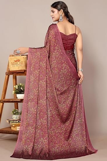 Chiffon Floral Printed Saree with Blouse Piece - Image 5