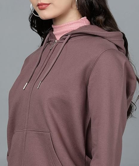 Women's Solid Zipper Hooded Sweatshirt | Front Zip, Ribbed Hem, Lined Hood, Casual Winter Wear - Image 5