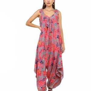 Women's Western Long Jumpsuit ? Sleeveless V-Neck, Free Size Flared Tassel Print with Unique Border, Stretchable with Adjustable Drawstring, Perfect for Picnic & Beach (Multicolor)