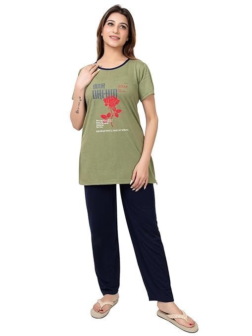 Plus Size Cotton Printed Long Night Suits Dresses Set for Women