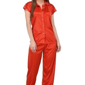 Women's Plain Satin Night Suit (Shirt and Pyjama)