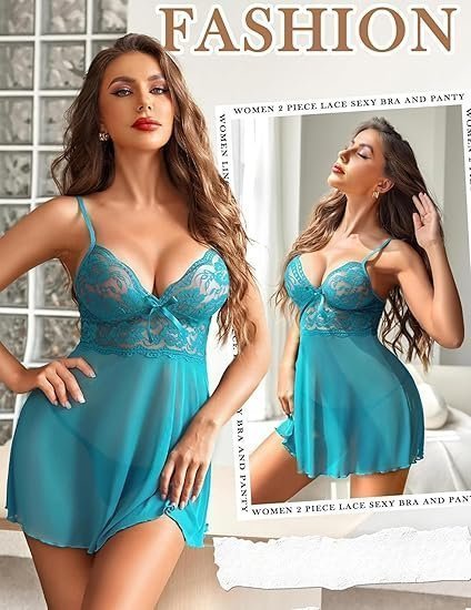 Women Babydoll Lace Sleepwear Lingerie with Sexy Hollow Back Thong | Sexy Night Dress for Women Honeymoon, Stylish Nightwear, Valentine Festival Dress, Bridal First Night, Hot Nighty - Image 2