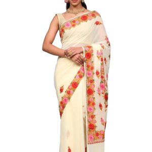 Woman's Saree with Aari Embroidered Multicolor Flowers - Georgette