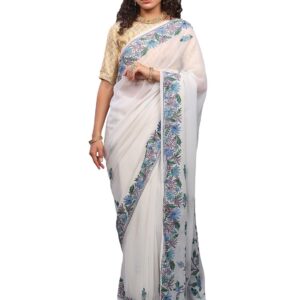Women's Kashmiri Georgette Saree with Aari Embroidered Floral Motifs Elegant Design Saree with Blouse Piece