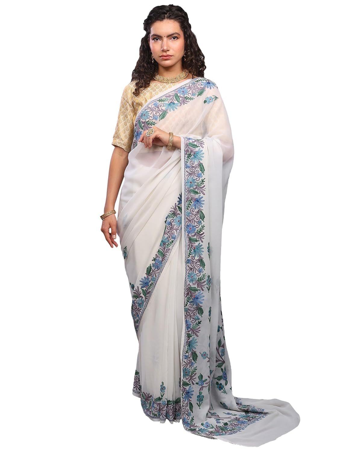 Women's Kashmiri Georgette Saree with Aari Embroidered Floral Motifs Elegant Design Saree with Blouse Piece