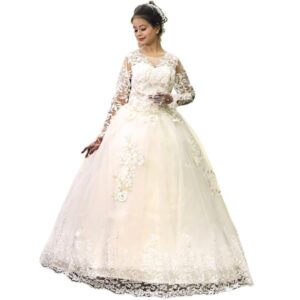 Women's White Full Stitched with Layers Christian Wedding Catholic Wedding White Ball Gown Wedding Dress in White Frock Women with Extra Sleeves (GLGF038) India
