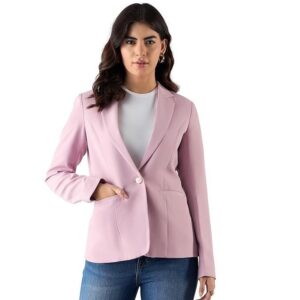 Women?s Pink Casual Solid Blazer | Single Button | Notched Lapel | Long Sleeves | Slim Fit | Single-Breasted | Smart-Casual Formal Office Wear
