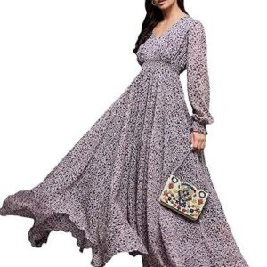 Women's V Neck Full Sleeves Relaxed Fit Midi Length Dress