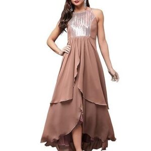 Women's Halter Neck Sleeveless Embellished Layered Maxi Dress