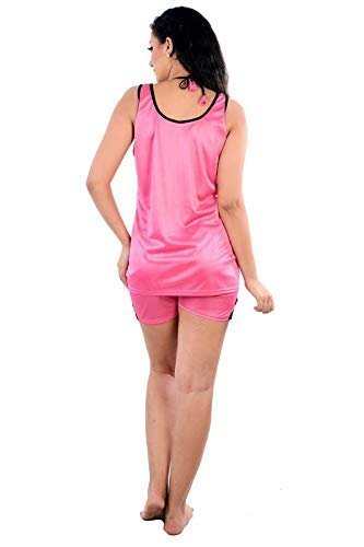 Women's Soft and Smooth Satin Solid Night Suit Sleeveless Top and Shorts Set (Pink, Large) - Image 2