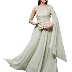 Women's Dusty Green and Golden Solid Embellished Asymmetric Maxi Dress