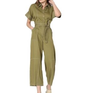 Shirt Collar Waist Tie-Up Basic Jumpsuit
