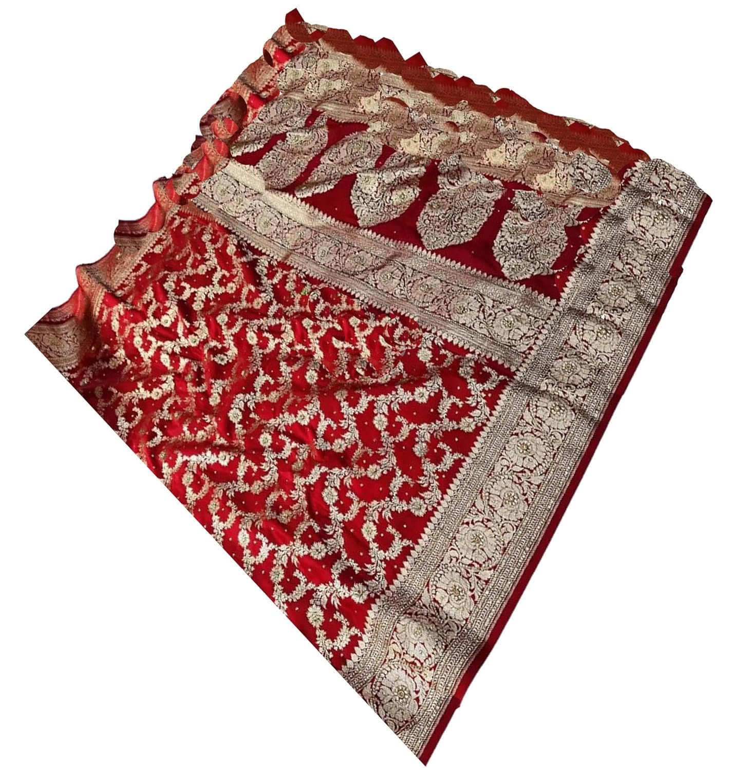 Woman's Saree Floral Heavy Jal Stone Work With Traditional Design- Red