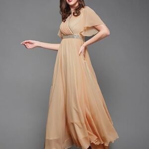 Women's V-Neck Flared/Bell Sleeves Fit & Flare Maxi Dress