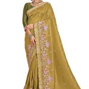 Woman's Olive Green Tissue Organza Saree with Floral Embroidery_N-2893