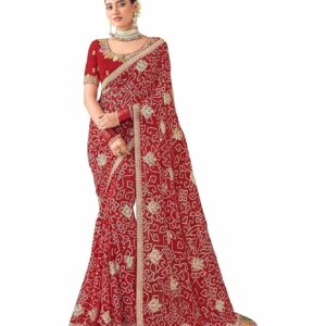 Women's Chiffon Saree in Red Color with Unstitched Blouse