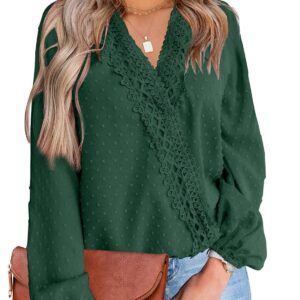 Womens Chiffon Blouse Casual Long Sleeve V Neck Pom Poms Shirts Tops, Green, Large