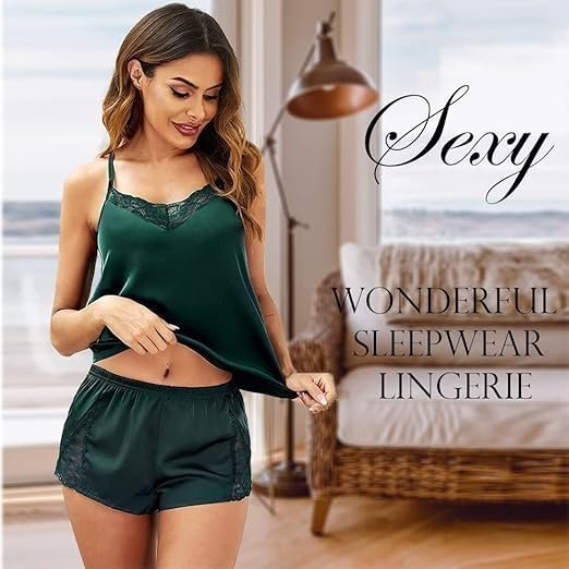 Womens Sexy Lingerie Silk Pajamas Cami Shorts Set Lace Nightwear Sleepwear Babydoll - Image 2