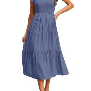 Women's Flutter Short Sleeve Smocked Midi Dress Summer Casual Tiered A-Line Dress