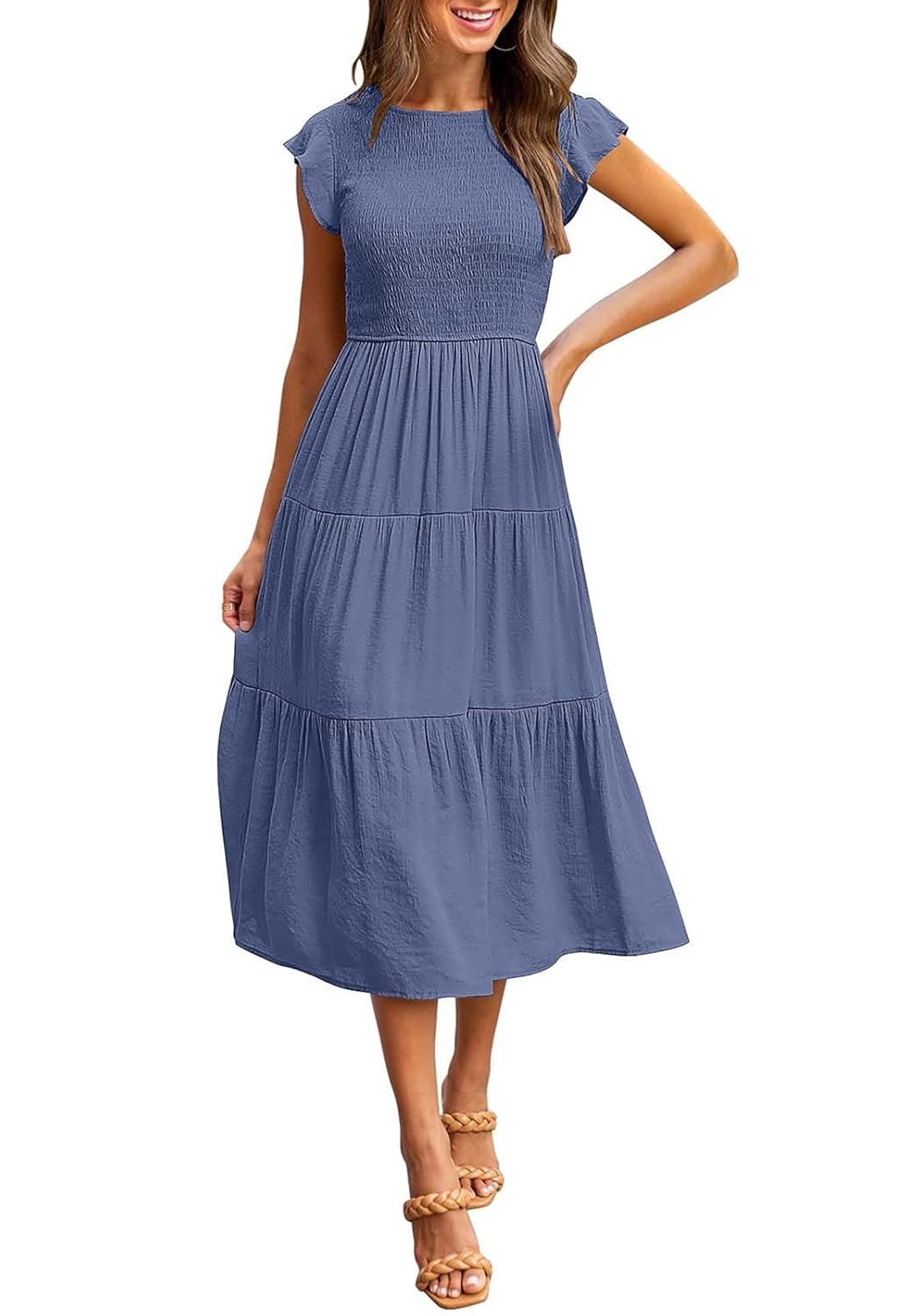 Women's Flutter Short Sleeve Smocked Midi Dress Summer Casual Tiered A-Line Dress