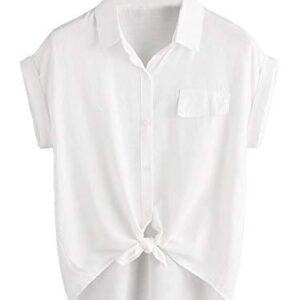 Women Casual V Neck Collar Knot Hem Button Down Rolled Cuff Short Sleeve Blouses Shirt Tops White XX-Large