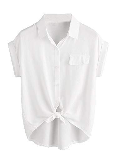 Women Casual V Neck Collar Knot Hem Button Down Rolled Cuff Short Sleeve Blouses Shirt Tops White XX-Large