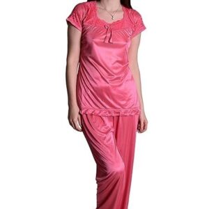 Women's Satin Soft and Smooth Solid Nightwear Short Sleeve Night Suit Top and Pajama Set