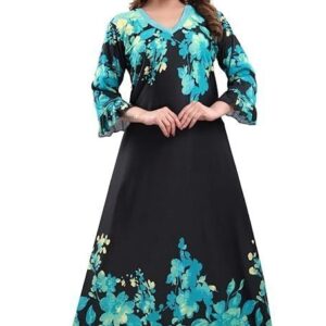 Women's Crepe Printed Flare Nighty with Long Sleeves/Night Gown/Nightwear/Maxi