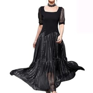 Women's Black Solid Square Neck Half Sleeve Polyester Asymmetric Ankle Length Dress