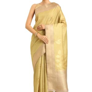 Women's Saree Woven Zari Leaf Motifs 4inch Khadi Color Zari Border Geometric Patterned Pallu Coordinated Blouse Piece