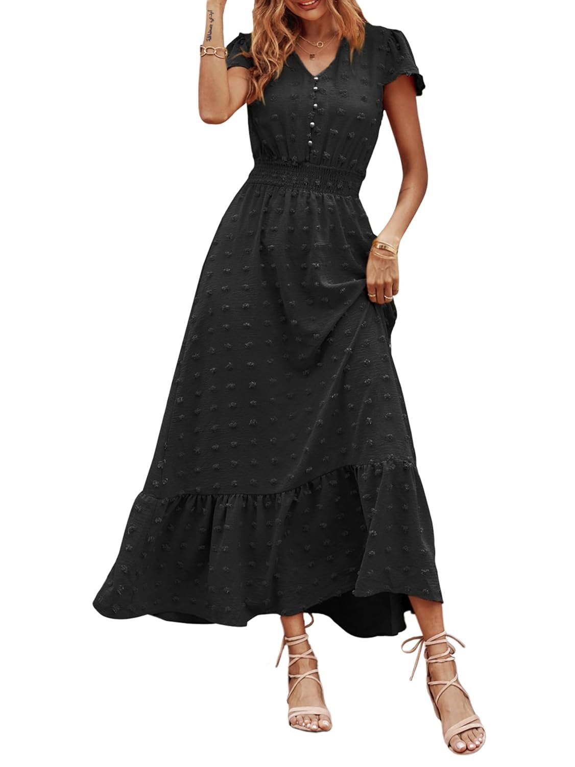 Women's Boho Dress Short Sleeve V Neck Swiss Dot Ruffle Tiered Maxi Dress Smocked Cocktail Dress