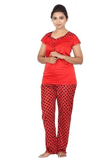 Women's Polka Dots Satin Night Suit (Top & Pajama Set)