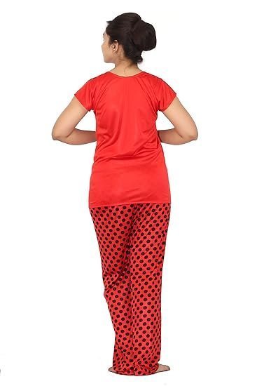 Women's Polka Dots Satin Night Suit (Top & Pajama Set) - Image 2