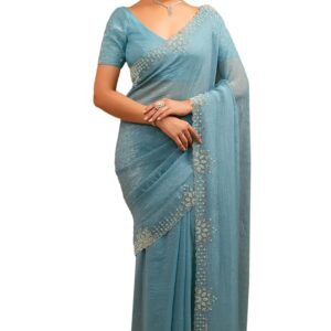 Womens Powder Blue Organza Saree With Stone Work