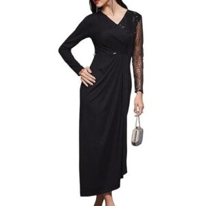 Women's Fit and Flare Full Length Pleated V-Neck Full Sleeve Dress