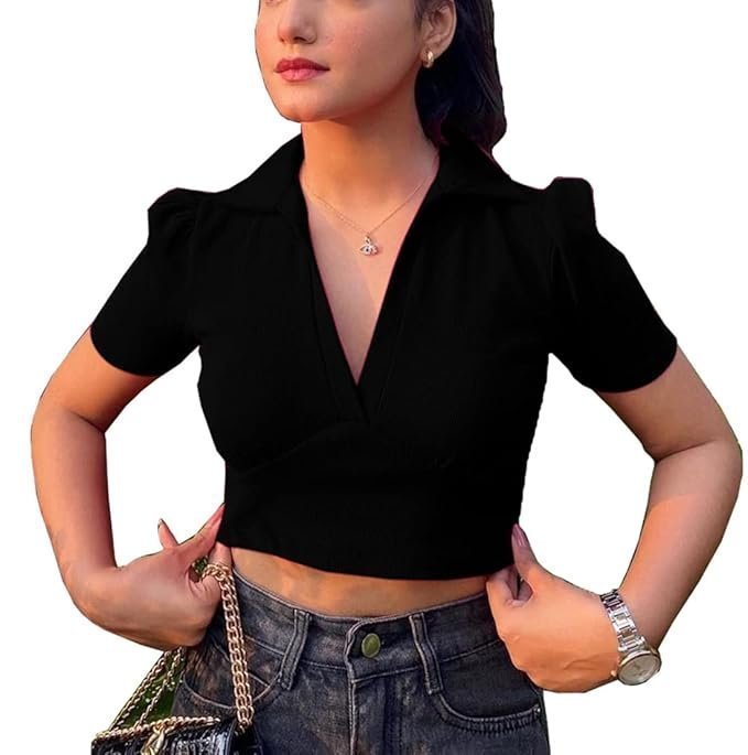 Women's & Girls' Solid Basic V Neck Collared Ribbed Slim Fit Crop Top