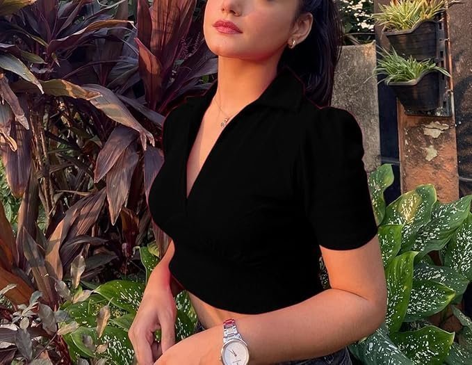 Women's & Girls' Solid Basic V Neck Collared Ribbed Slim Fit Crop Top - Image 2