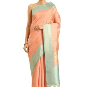 Women's Saree Elegant Zari Leaf Motifs Dusty Pink Zari Border Leaf And Geometric Woven Pallu
