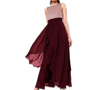 Women's Wine & Peach Boat Neck Sleeveless Embellished Maxi Dress