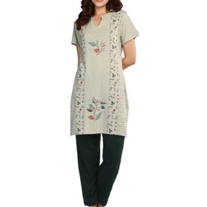 Women's Cotton Printed Regular Fit & Embroided Long Length Night Suit Set