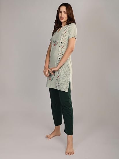 Women's Cotton Printed Regular Fit & Embroided Long Length Night Suit Set - Image 3