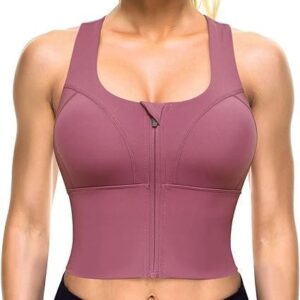 Women Polyester Spandex Medium Impact Front Zip Sports Bra Longline Fitness Criss Cross Back Crop Tops Tank Gym Yoga Workout
