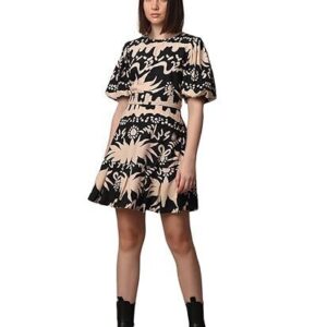 Print Round Neckline A-Line Dress | Detachable Waist Belt | Balloon Sleeves | Flared Skirt