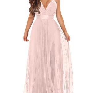 Women's Sexy Deep V Neck Split Cocktail Party Formal Bridesmaid Maxi Dress, Pink, Medium