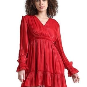 Sleeves Gathered Ruffled V-Neck Flounce Wrap Dress